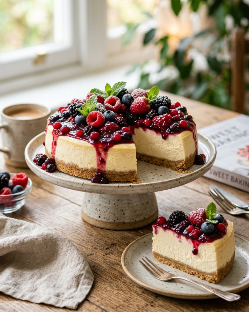 creamy cheesecake recipe with berry compote sauce