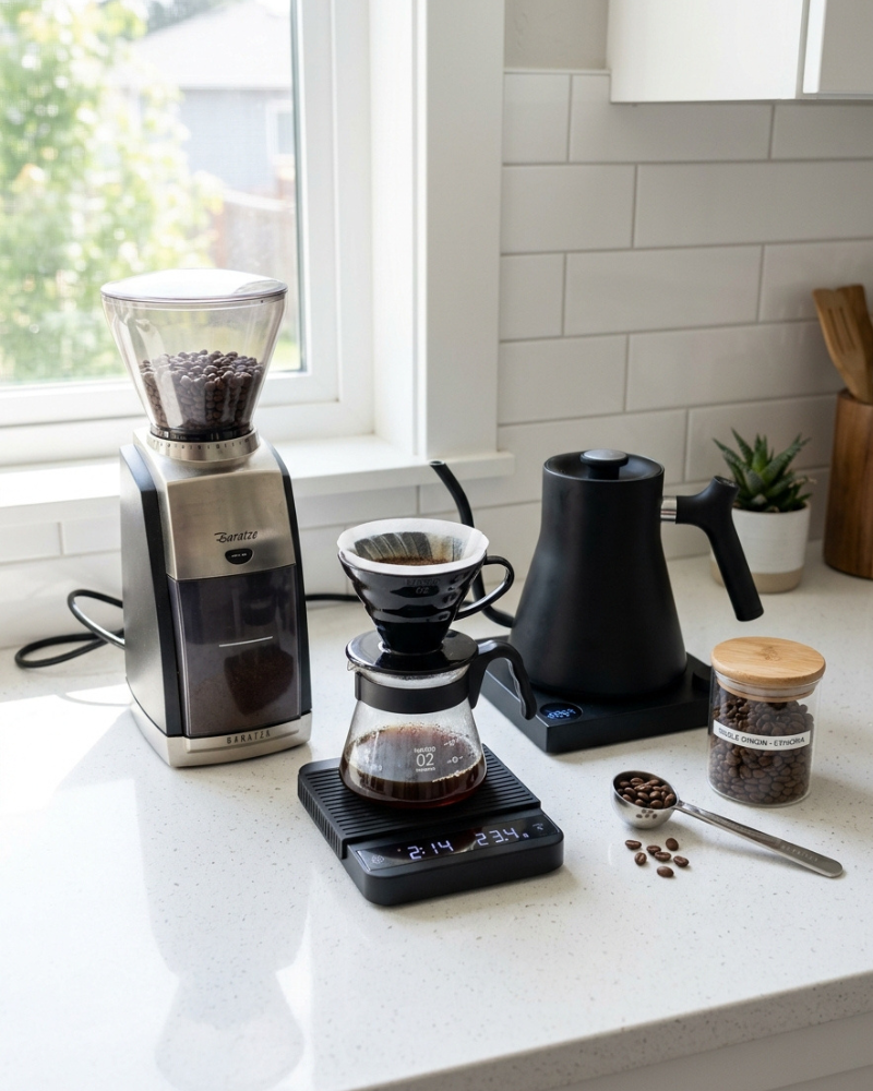 coffee accessories: a burr grinder and digital scale on modern kitchen counter