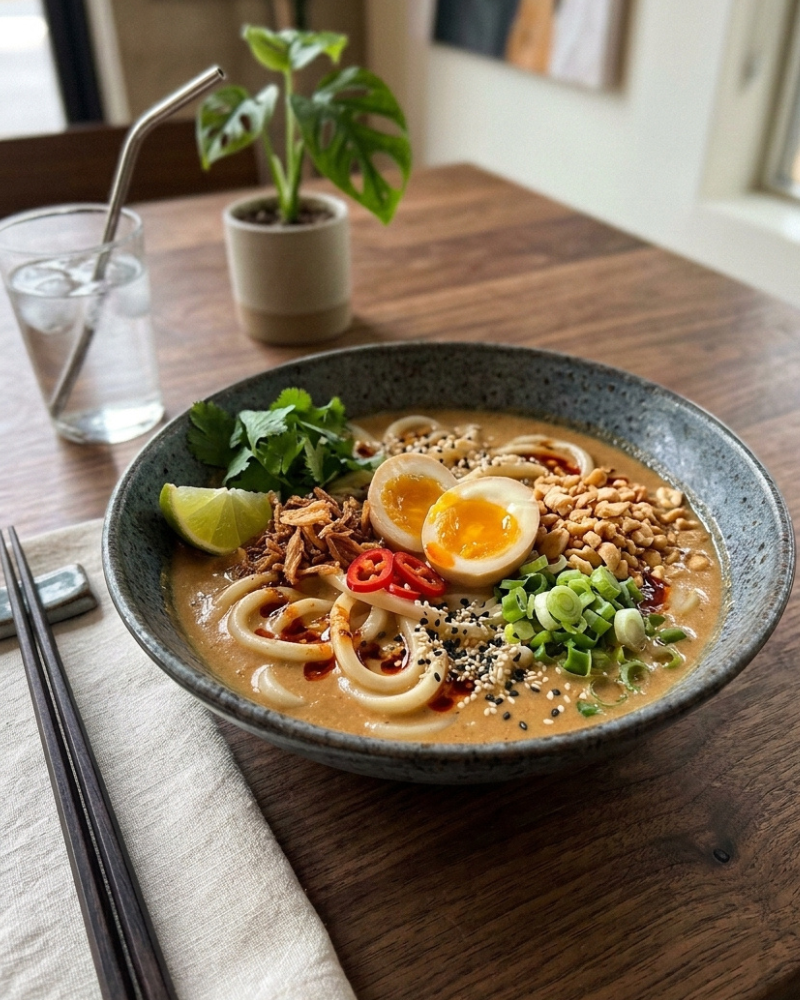 creamy peanut miso udon: creamy udon noodles