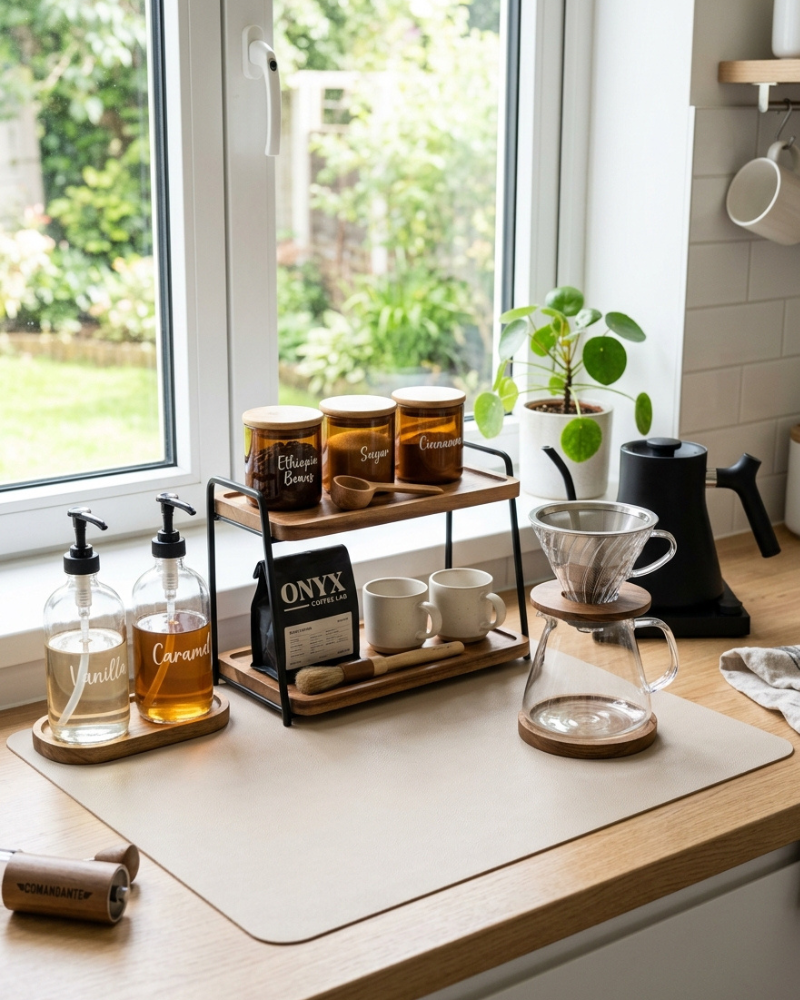 home coffee setup- tiered stand and syrup dispensers on coffee corner mat