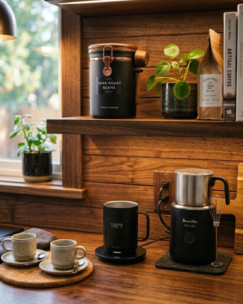 home barista essentials: coffee canister and smart mug on kitchen shelf
