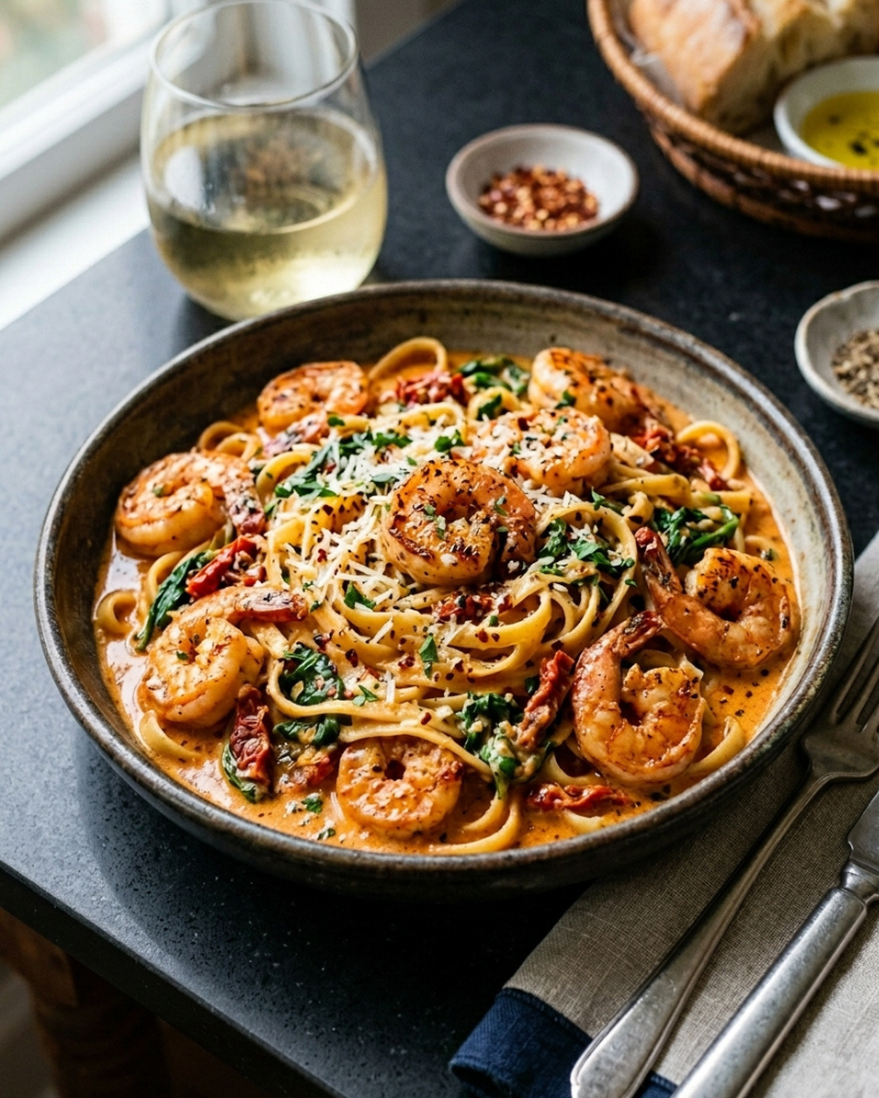 spicy creamy tuscan shrimp pasta recipe