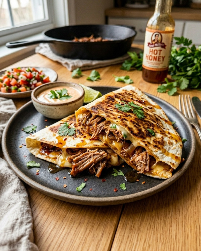 hot honey pulled pork quesadilla wrap